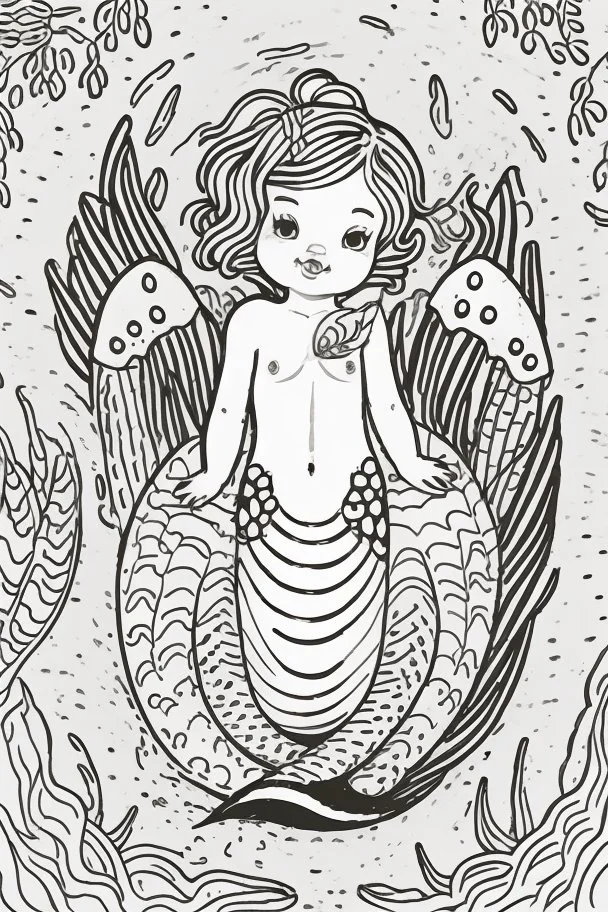 A delightful coloring page design showcasing an adorable baby mermaid in a charmingly naive art style. The artist has skillfully created a whimsical scene with minimal details and a focus on bold, thick black outlines. The endearing fox, prominently positioned in the center, is the highlight of this illustration. The all-white background beautifully complements the simplistic design, allowing young artists to unleash their creativity. As the baby fox takes center stage, a subtle hint of its