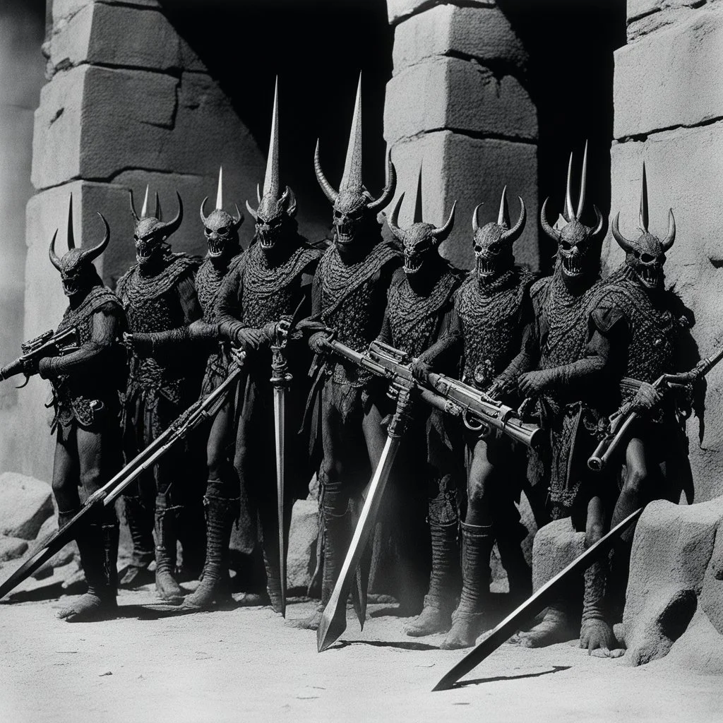 [high res bloody photo by Ray Harryhausen] In the shadowed depths of the ancient demonic citadel, a rack of devil firearms stood ominously, their twisted forms exuding a malevolent aura. Each weapon bore the mark of a specific soul of the underworld, crafted from dark metals forged in the fires of the abyss.