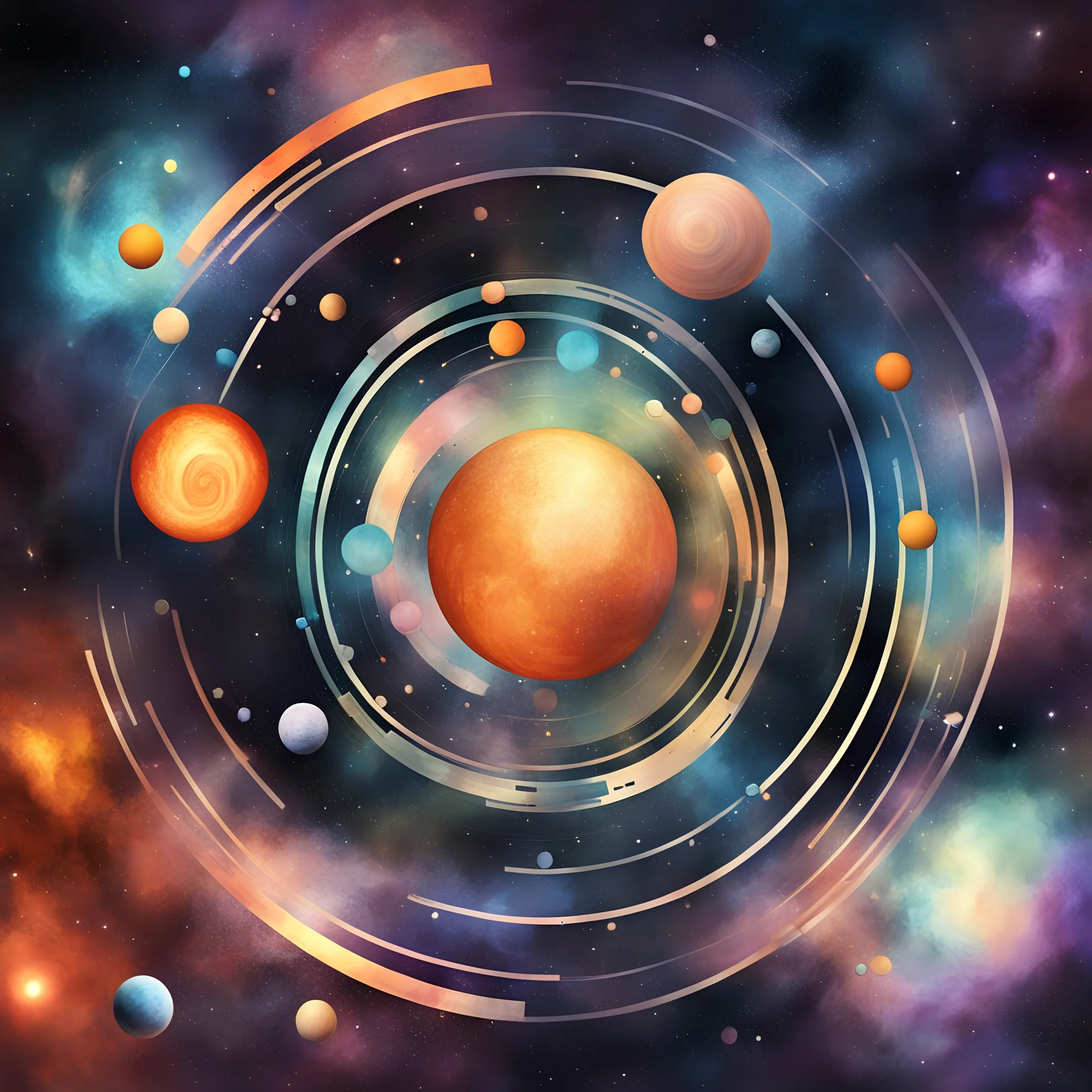 abstract digital painting with rectangles and circles representing a galaxy with planets