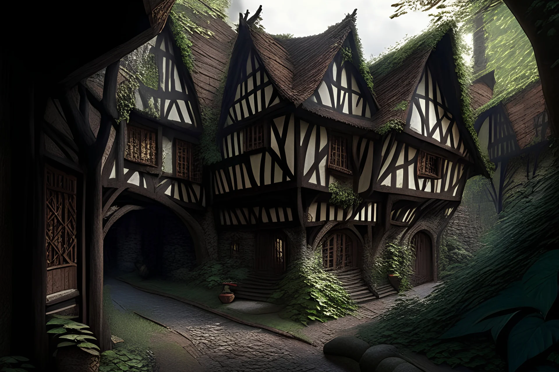 large medieval gothic, wooden inn, with a balcony, next to a sloping, cobbled road, in a wood, dense foliage, photo-realistic