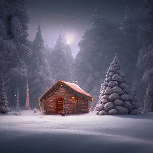 Mysterious christmas night, a lonely hut, surreal atmosphere, cosmic backdrop, celestial ambience, soft lighting, very chilly appearance of the surroundings, unreal engine 5 volumetric lighting, intricate details, realistic style, 8k resolution