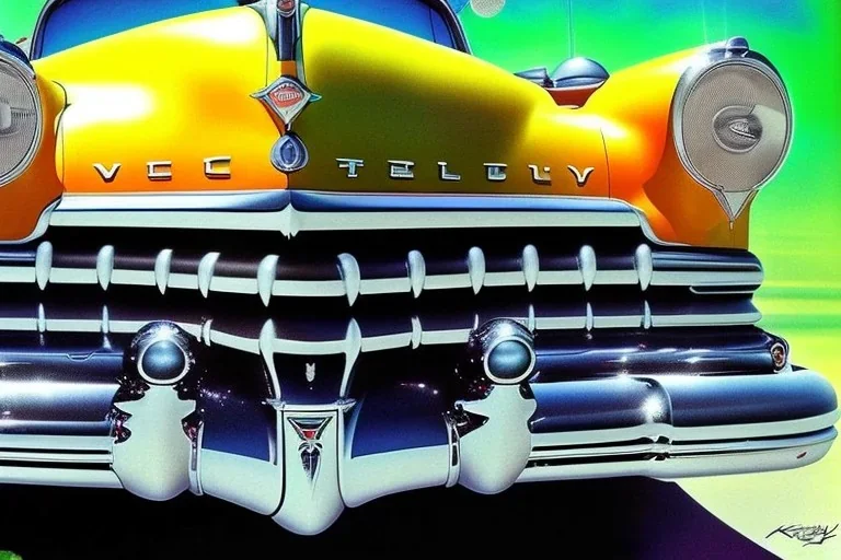 a true-to-life 1949 mercury eight, classic wheels, pen and color marker, centered, intricate, extreme detailed, photorealism, center view, drive-in background, pivot on mercury, painting by cheryl kelley