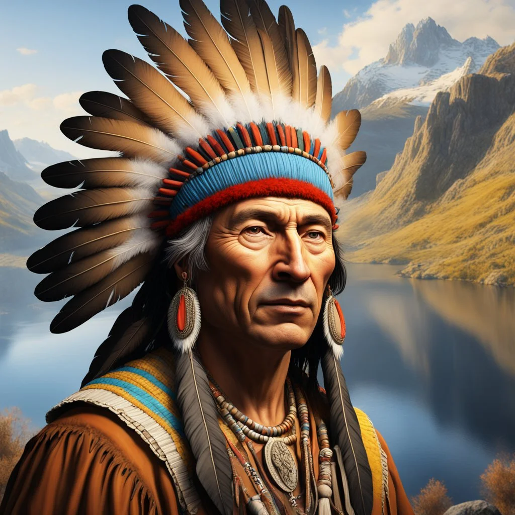 stunning 3D render of a painting in the style of Rembrandt featuring Winnetou, the chief of the Aachen tribe. Winnetou is depicted as a noble and wise leader, adorned with intricate feathers and a colorful headdress. The background portrays a vast, rugged landscape with a rocky mountain range and a serene lake, casting a warm golden glow. The overall atmosphere is a mix of both realism and dreamlike fantasy, reflecting Rembrandt's masterful use of light and shadow., illustration, 3d render, pain