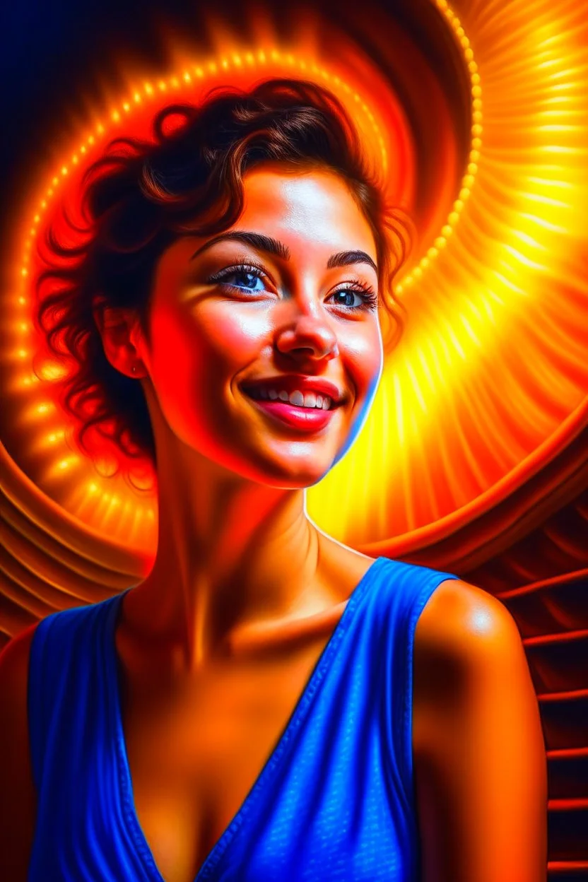 awake inside a dream, woman smiling online in the style of a master italian painter, spray paint, photo realism, trending on art station, 8k, depth of field, down light, light rays, volumetric, reflective spiral staircase, blue, yellow, golden brown and orange