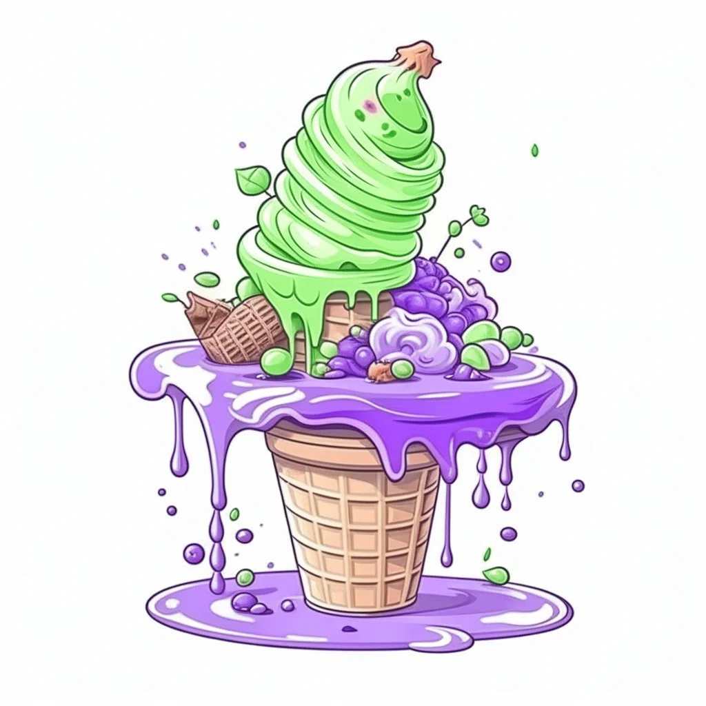 Cartoon illustration: brown green purple swamp ice cream, white background