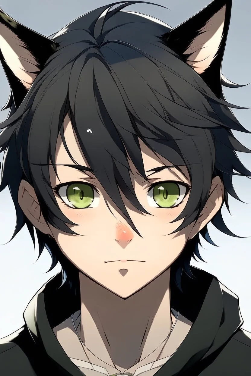 A male anime boy with messy black hair, black cat ears.