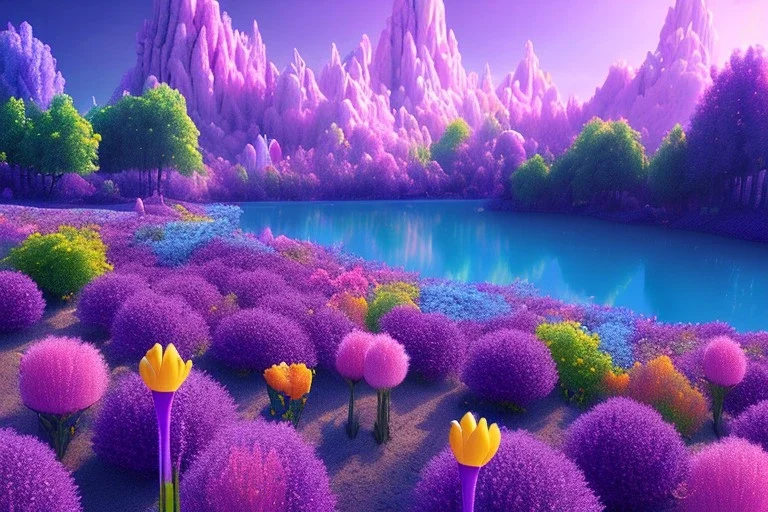 monde en fleurs bleu pink fuksia,blue lake, concept art, crépuscule , trees bleu pink violet oranger, vibrant Color, réaliste, crocus