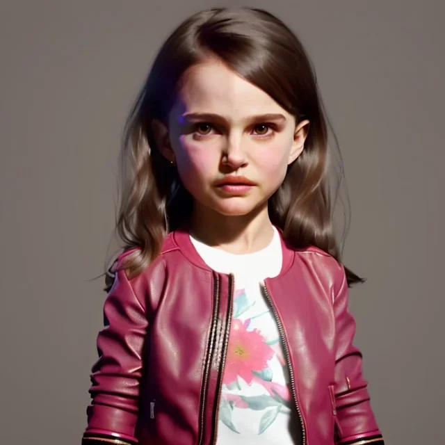 Natalie portman toddler, full body, leather jacket, floral shirt, floral skirt, shoe, soft skin, dramatic lighting, hyper realistic