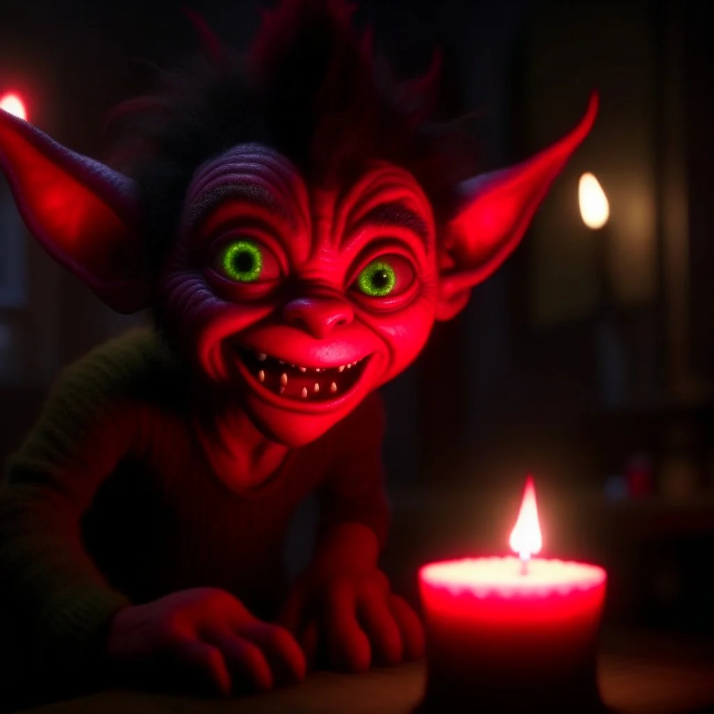 cute demon from the movie "insidious", wild goblin birthday party on stonebridge background , motion blur, 8k, downlight, soft light, depth of field, photorealism, trending on art station, lotsa detail