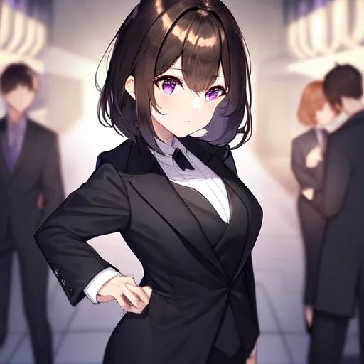 Clear focus,High resolution, one girls, Short brown hair, Purple eyes, Wearing a black suit