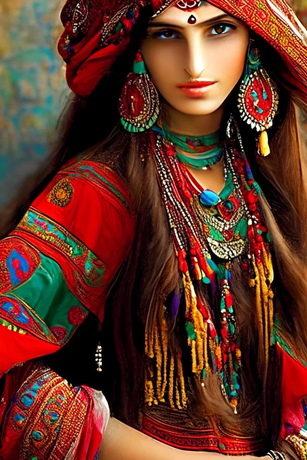 bohemian gorgeous gypsy woman in traditional gypsy dress