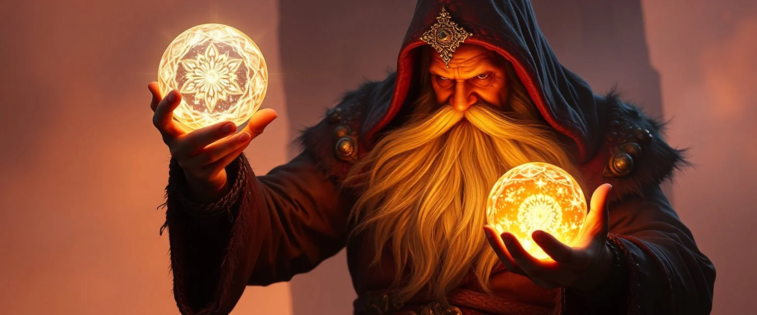 dwarven priest expert holding up a radiant Painite crystal rosette ball shooting radiant light through the fog