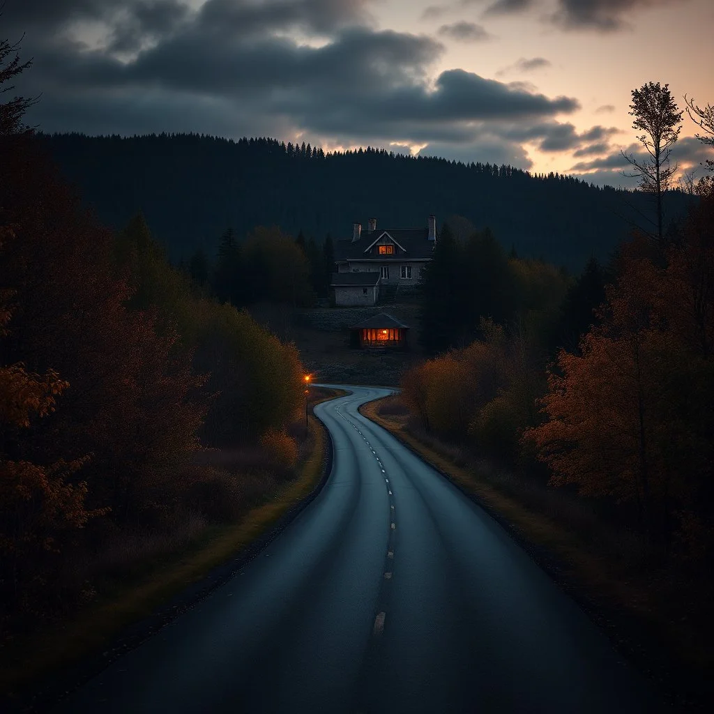 a dark autumn forest at dusk, long winding road leading up a hill in the distance, with a warm welcoming cottage at the top