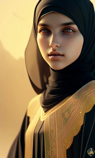 Arab teen girl , cute, beautiful, long hair, wavy hair, black eyes,She wears an Arab abaya، head and shoulders portrait, cinematic, 8k, resolution concept art portrait by Greg Rutkowski, Artgerm, WLOP, Alphonse Mucha dynamic lighting hyperdetailed intricately detailed