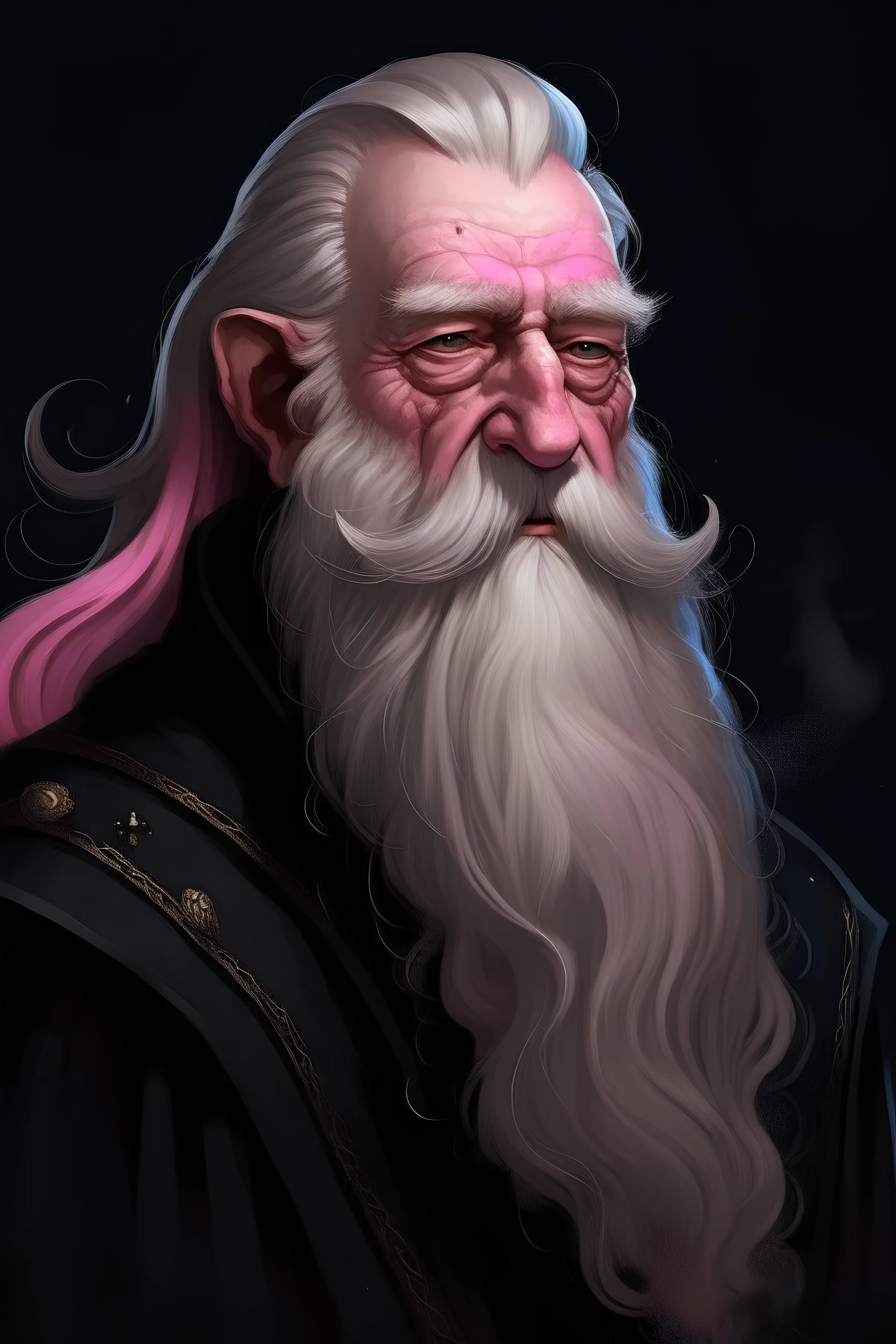 portrait an old artifice dwarf, he has a long white beard and just a couple of hair on the sides of his head. He wears long black clothes, addornished with pink minerals and uses a cetrum made of obsydian