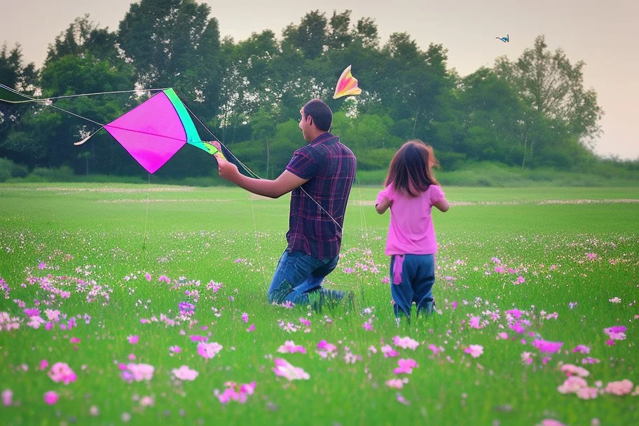 a father, a girl and a boy with a kite flying in the sky on the green field with flowers in sunshine