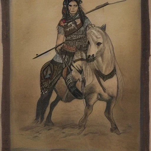 Scythian heavily tattooed warrior woman on horseback with bow and arrow