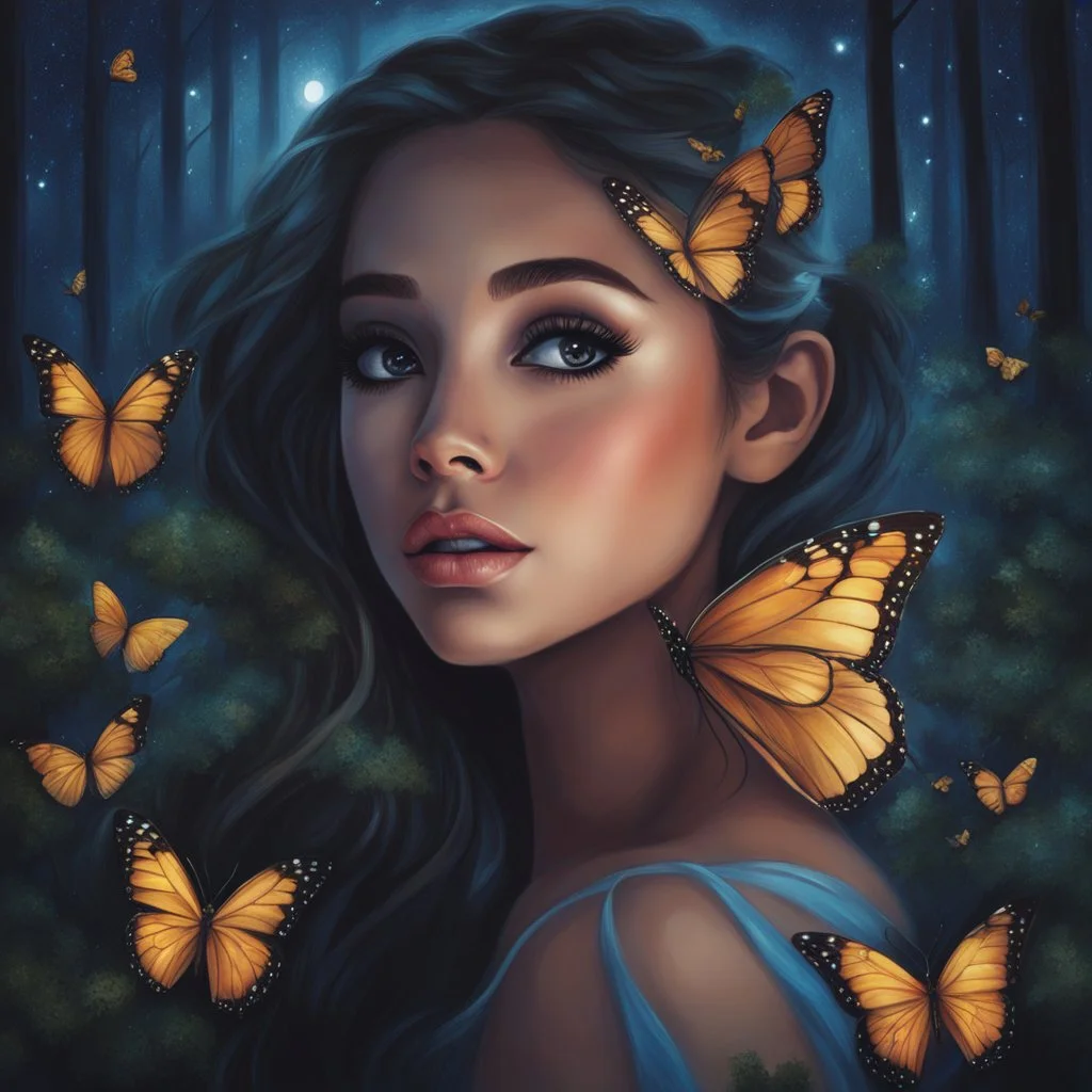 Painting of a beautiful girl, beautiful, pretty face, young girl, fantasy art, Ariana Grande's face, dream, trees, forest, dark night, song, glitter butterflies, fantasy