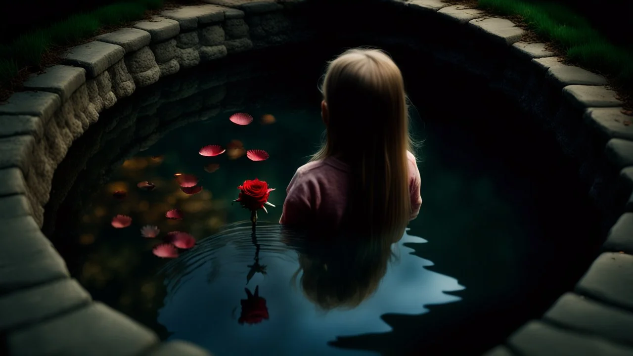 bird's eye view from seen from behind, a young woman with dark blonde long braided hair looks into an villager old stone well, under water a blurred ghostly tiny baby boy face is reflected in the water of the well with withered rose petals, detailed, surreal, sharp focus, high realistic, perfect photo