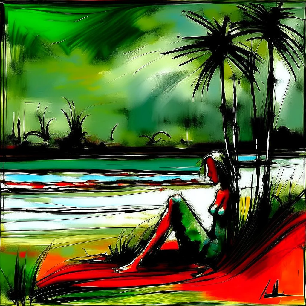 woman sitting on the beach. Alex Maleev