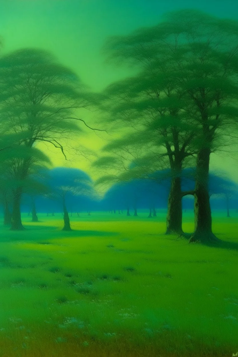 A greenish blue savanna with tall trees painted by Birge Harrison