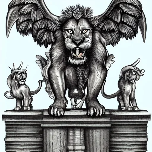 Lion cub gargoyle with goat horns and wings on its back Nick Harris illustration style