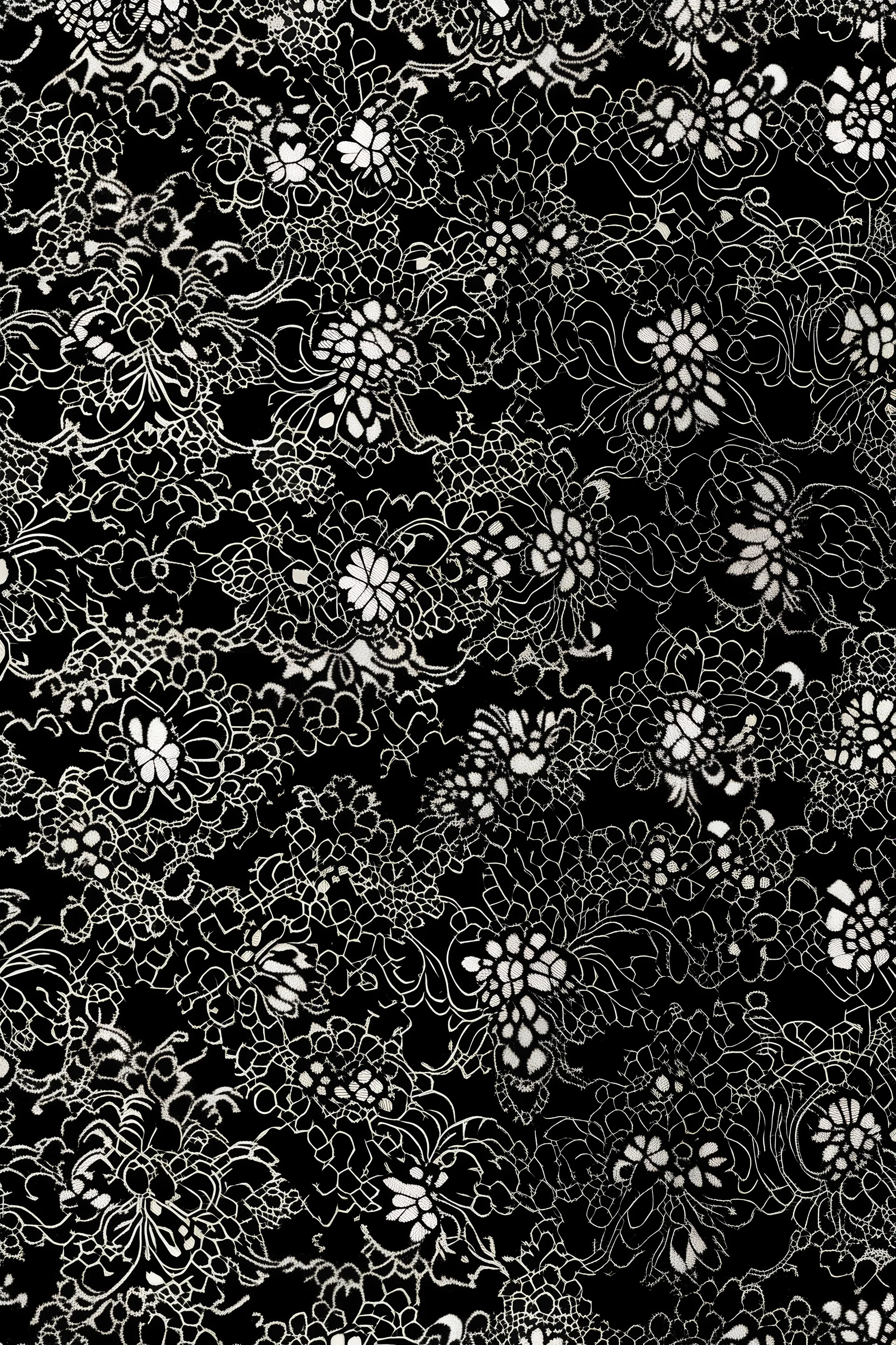 flatlay pattern of black chantilly pizzo, tilable, made for seamless Material, light background creamy color, very detailed