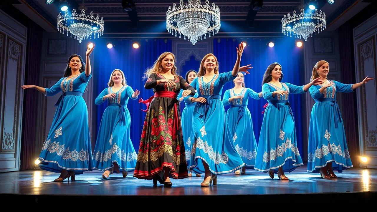 very beautiful group of azeri ladys in pretty folk blue costum and dance shoes dancing grace fully in a luxury modern stage with lights and decoration,long shot