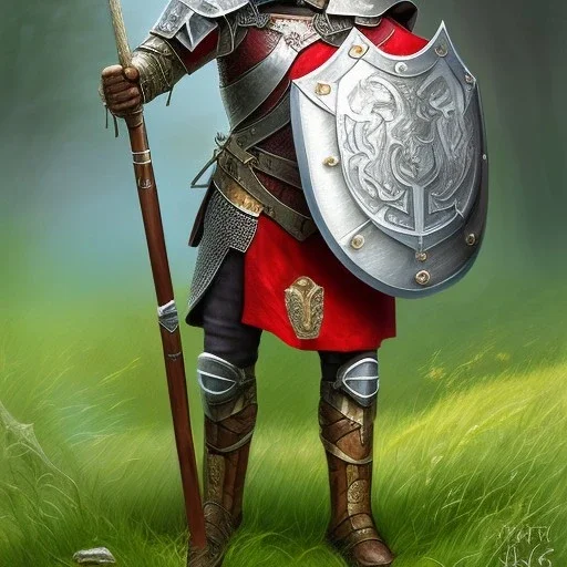 Chain mail, Anglo Saxon, full body, watercolour, spear, shield, standing