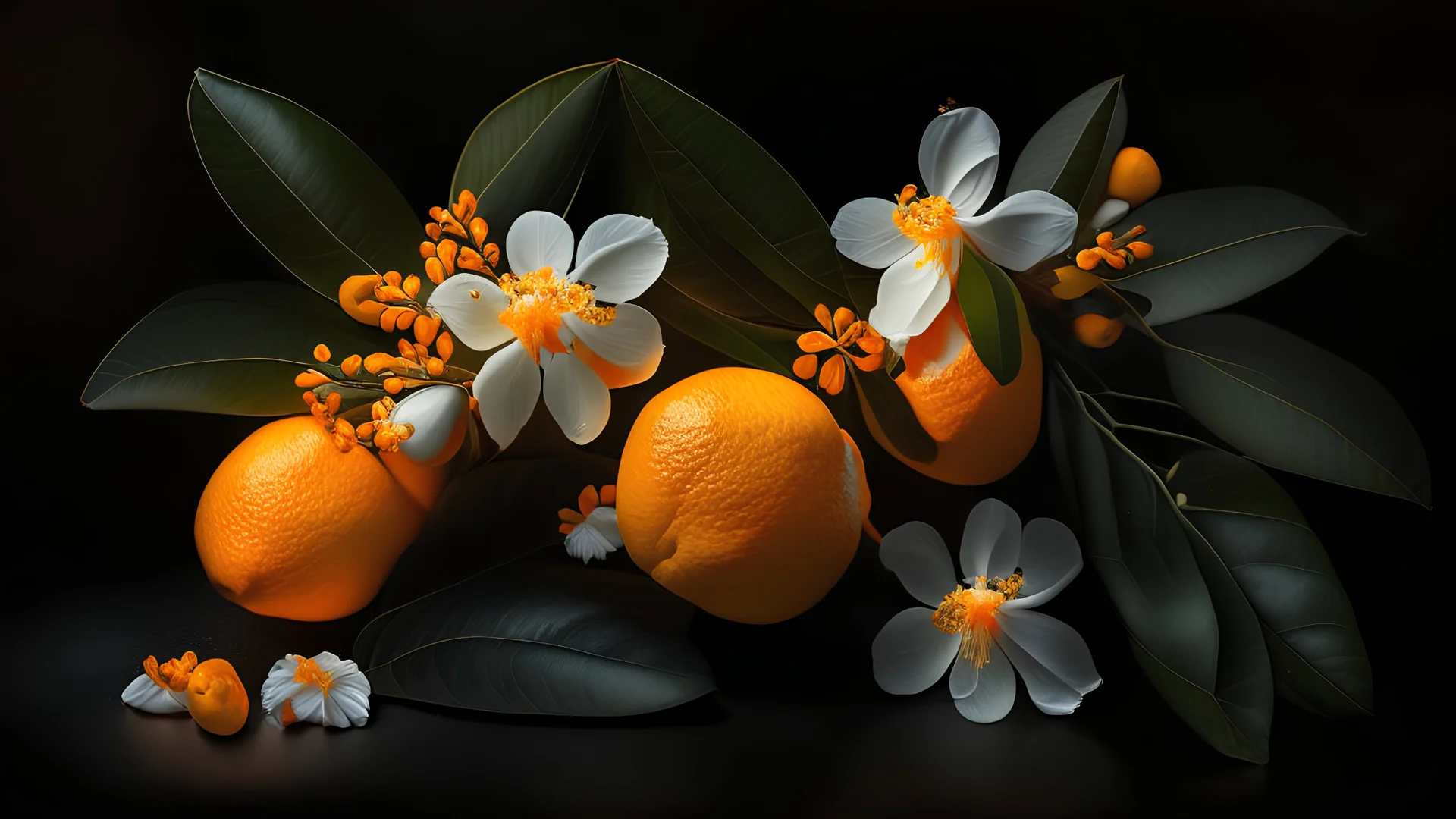 orange fruits and white neroli flowers,dark backround,12K