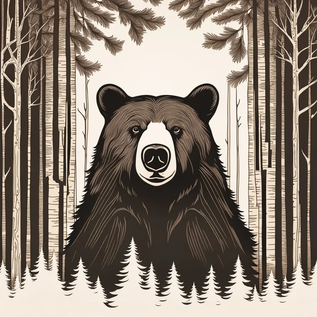 M shaped bear head combined with woods silhouette in backround, letterpress style, minimalistic pencil art