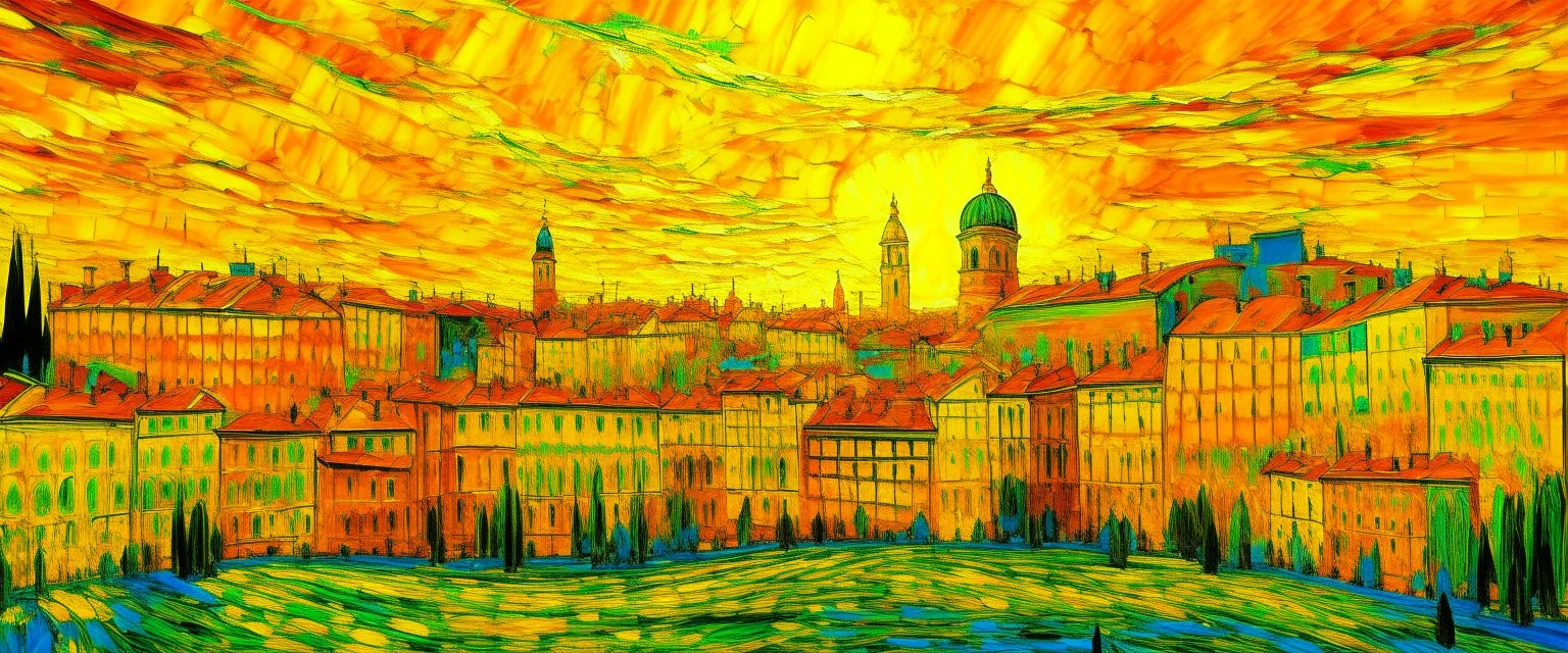 A yellow electric city painted by Vincent van Gogh