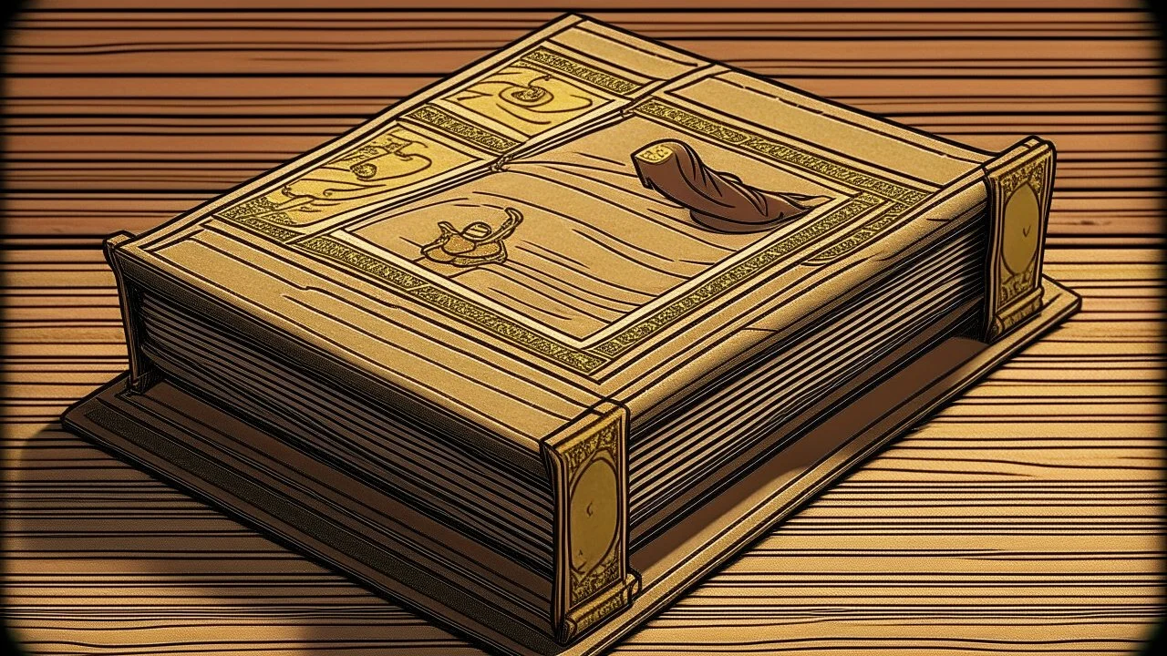 comic style1 singular Book lying with a cover on table the cover depicting a woman, medieval grimoire, no people, no cluter