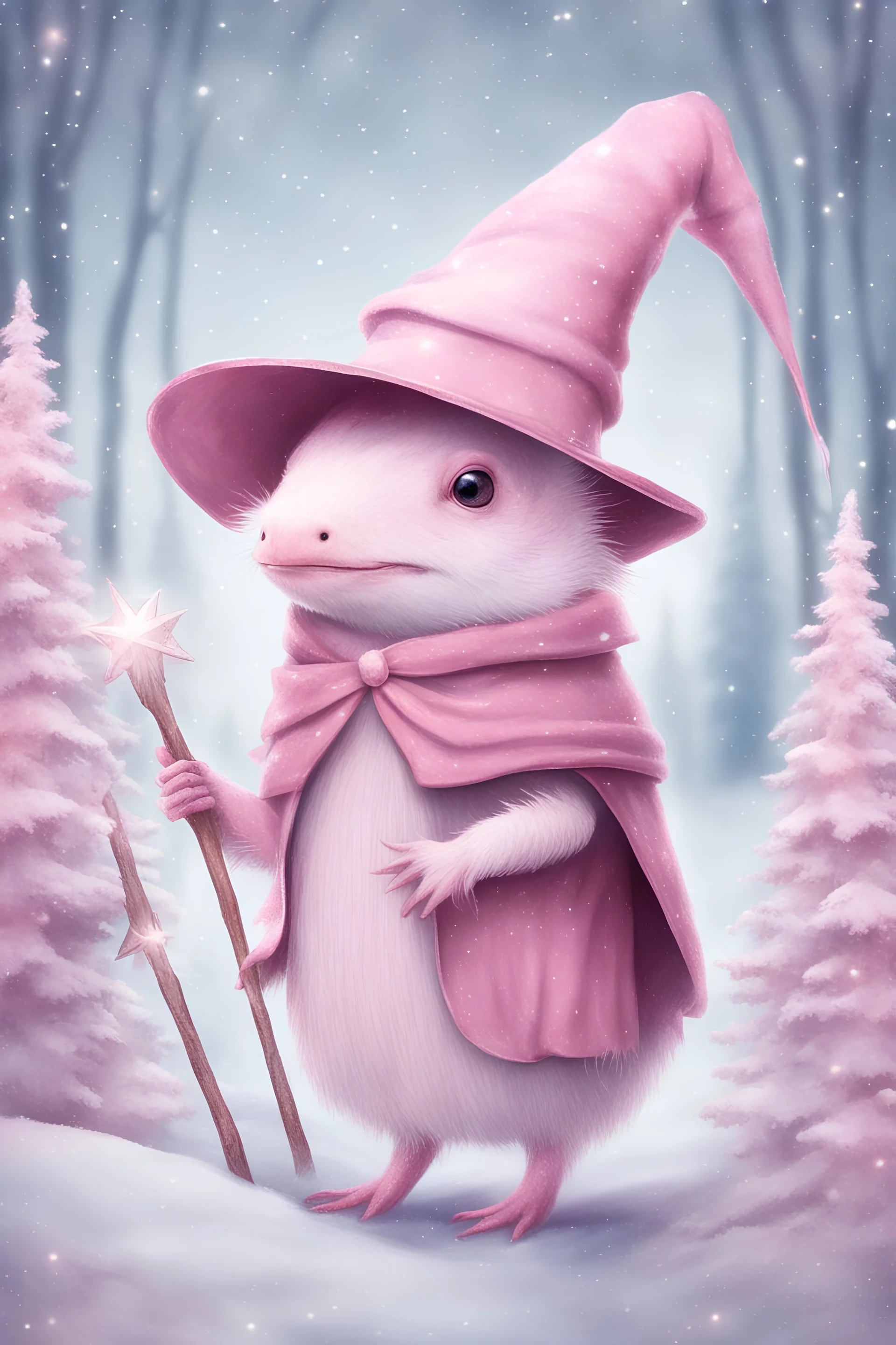 (anthropomorphic pink and white axolotl),dressed in wizard clothes with shinig stars and huge witchhat, cute, winter forest on background, paper texture, magic runs arond