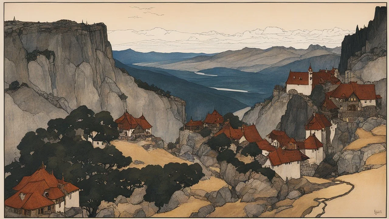 [poster by Egon Schiele] an heroic fantasy landscape from dungeon world