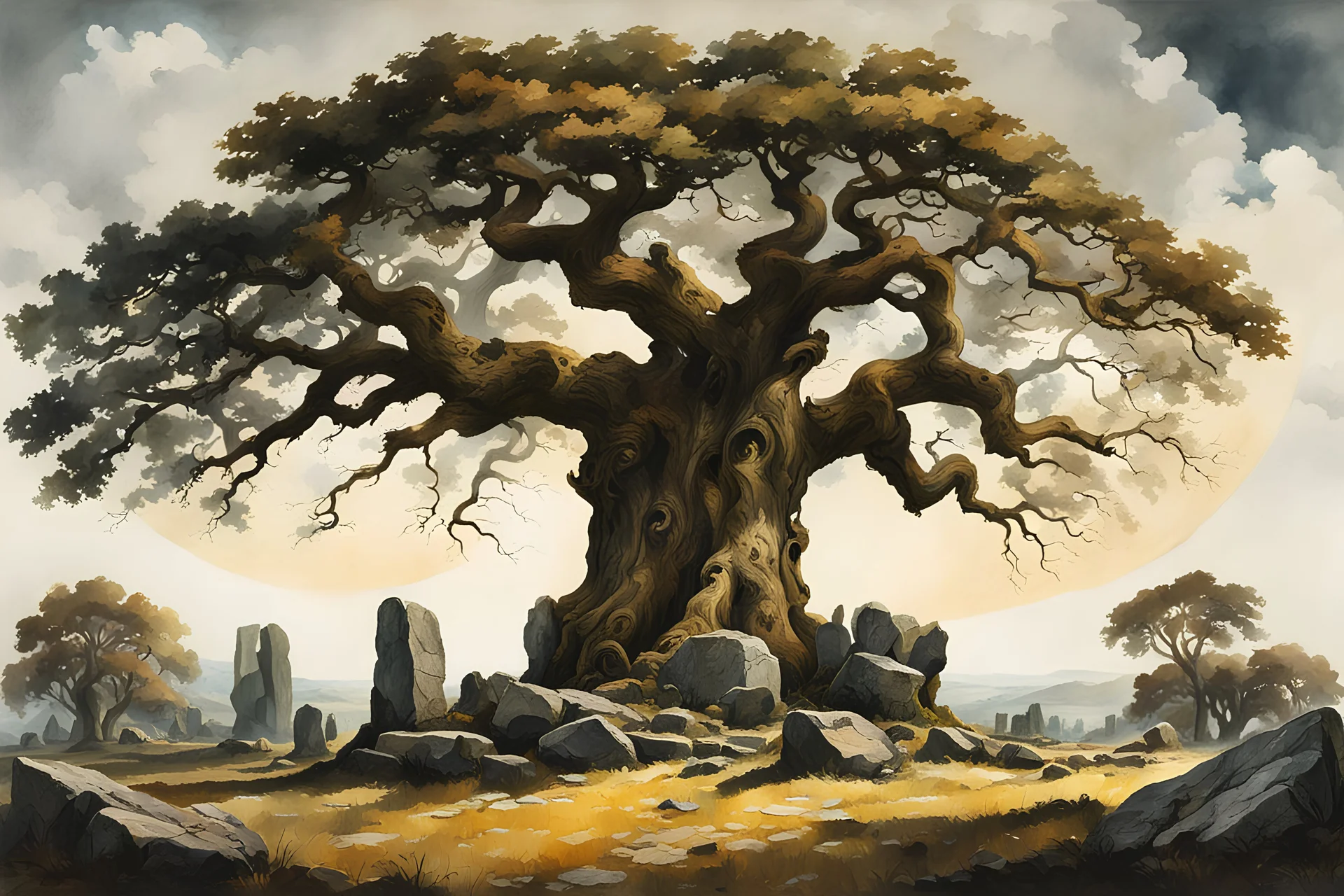 museum quality oil with watercolor underpainting of a massive sentinel oak within a circle of ancient Druidic standing stones , in the style of Karl Bodmer, and Winslow Homer, rendered as an aquatint, with a fine art aesthetic, highly detailed , 8k UHD cinegraphic realism, dramatic natural lighting