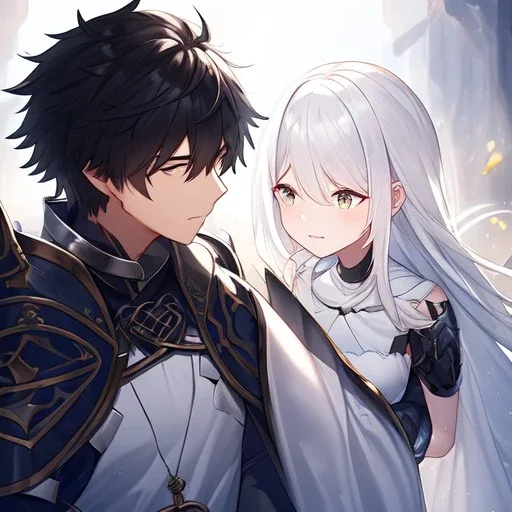 Girl with white hair wearing white robes. Boy with messy black hair wearing leather armor