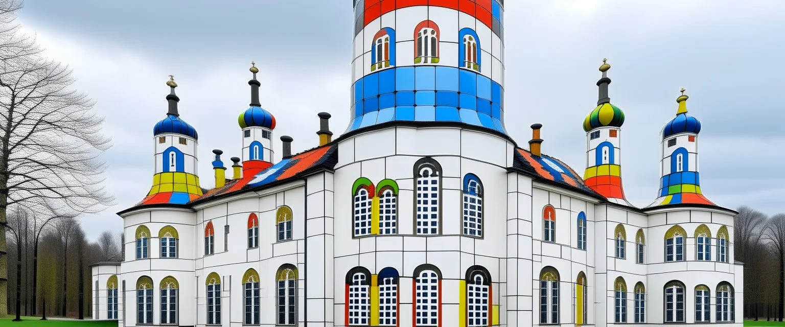 A white cloudy sky with a puffy palace painted by designed in Matryoshka dolls painted by Piet Mondrian