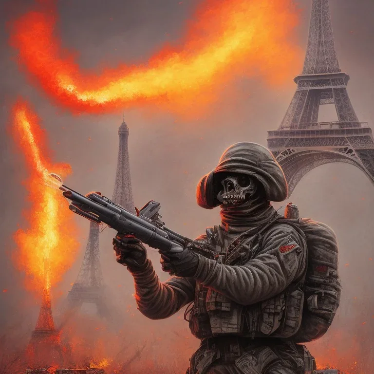 fantassin zombie utilise lance flammes dans la ville de paris, bonbonnes napalm dans le dos, yeux rouges, Tour Eiffel en fond. Uniforme noir sale et déchiré. deux bras. deux jambes, un torse, un visage. iron maiden