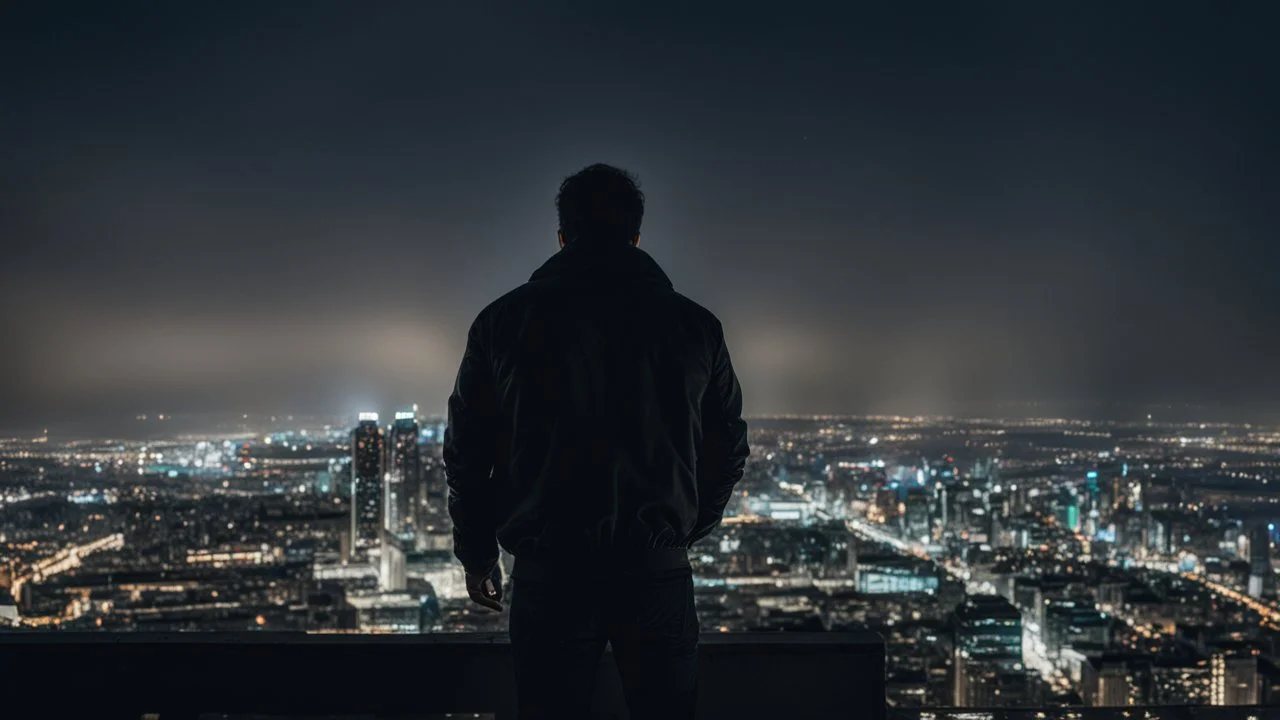 An Englishman in a bomber jacket standing at the top of a tall building looking across a city at night