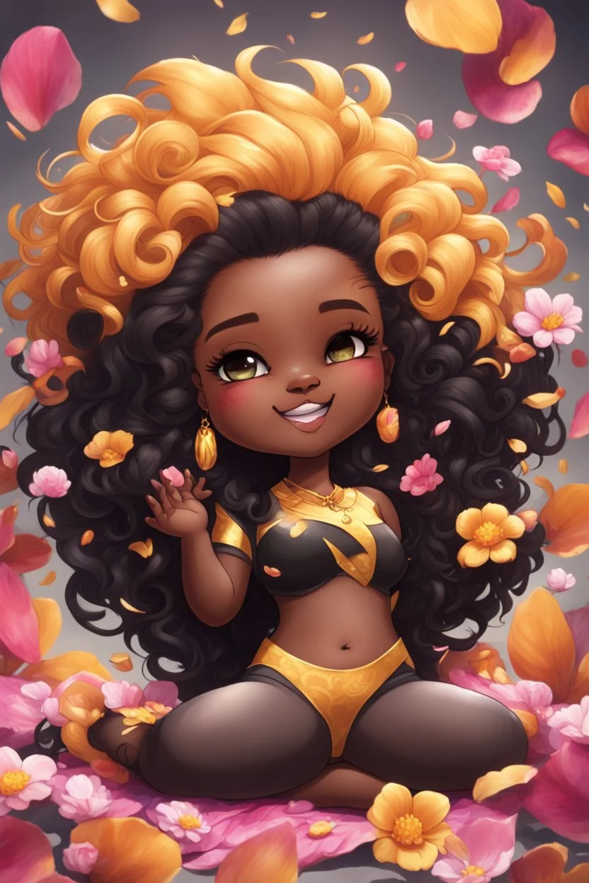 A sassy thick-lined airbrushed cartoon black chibi girl lounging lazily on her side, surrounded by flower petals. She has a golden lion tail curling playfully behind her curvy body. Looking up coyly, she grins widely, showing sharp lion teeth. Her poofy hair forms a mane framing her confident, regal expression.