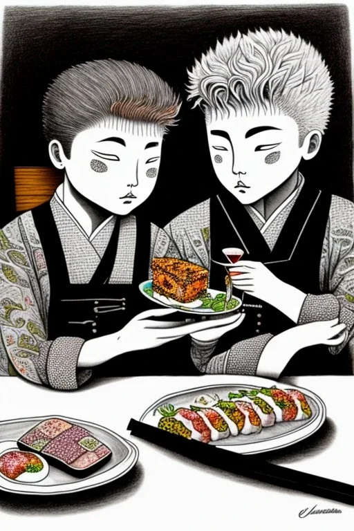 Two boycats, sitting at a table, eating sushi,perfect iris, ink and pencil, style Elisabeth Kreitz