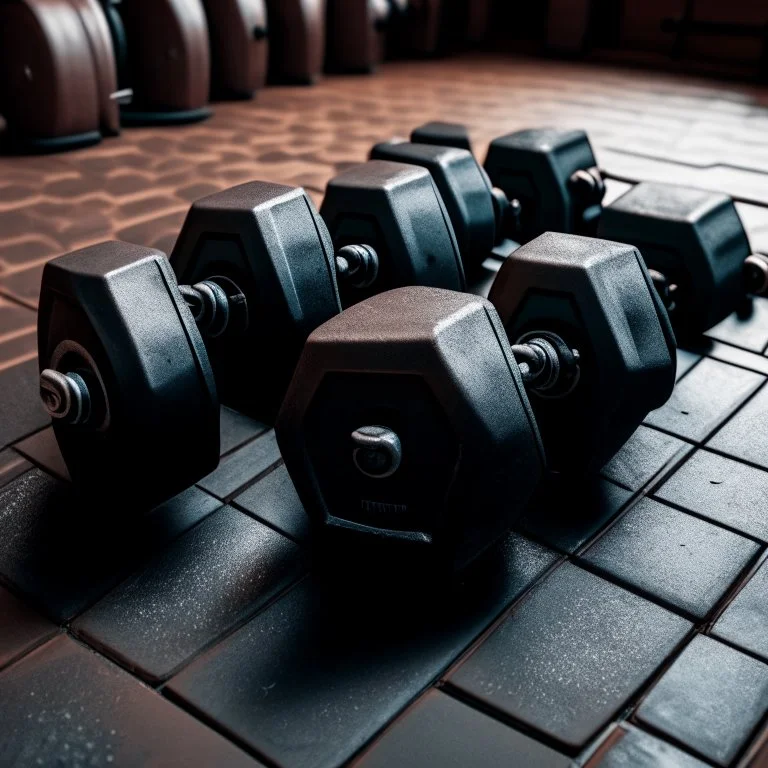 Hexagon dumbbells pair of two, each 12.5KG. Inside a gym on the black rubber tile floor. Bird perspective on the dumbbells laying on the floor.