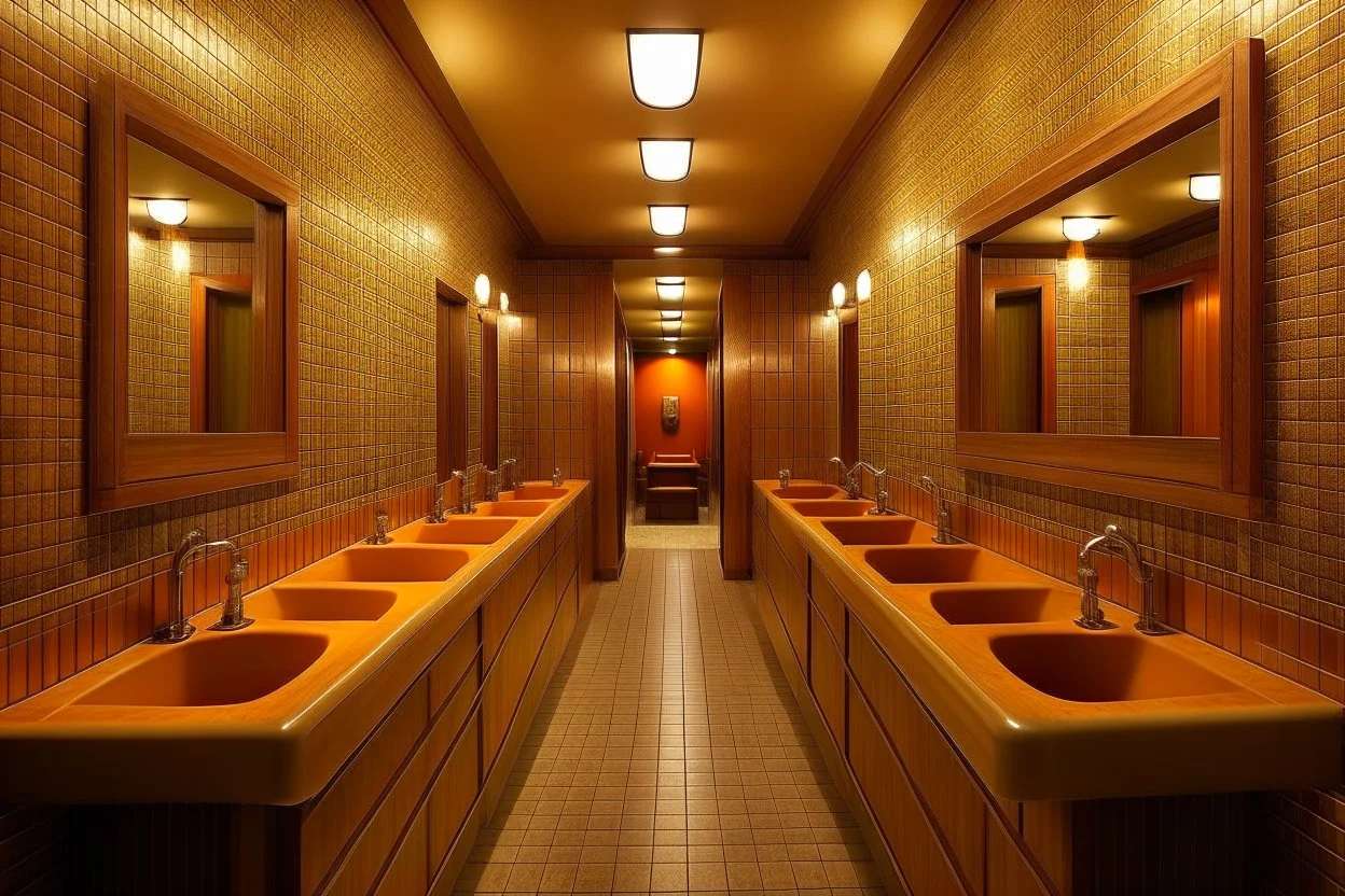 Pictures of a group of bathrooms in Mathaf Restaurant. The walls and floors are in brown tones, and the sinks are on one wall only.