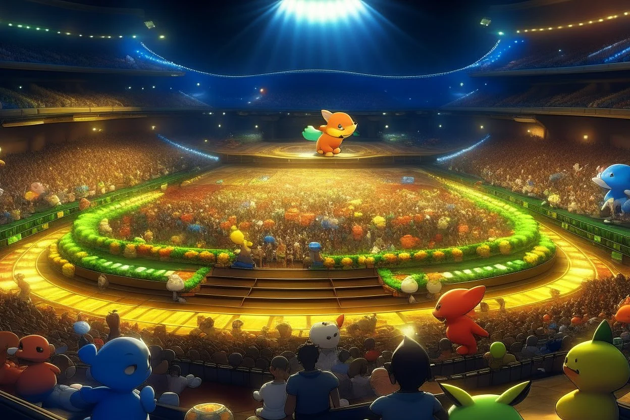 a Pokémon stadium with many lights and a big crowd, cell shading