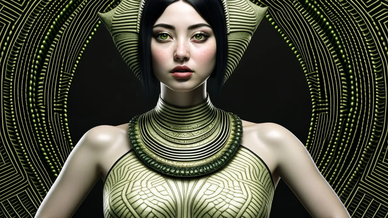 pale alien woman wearing exotic clothing. Black hair bob