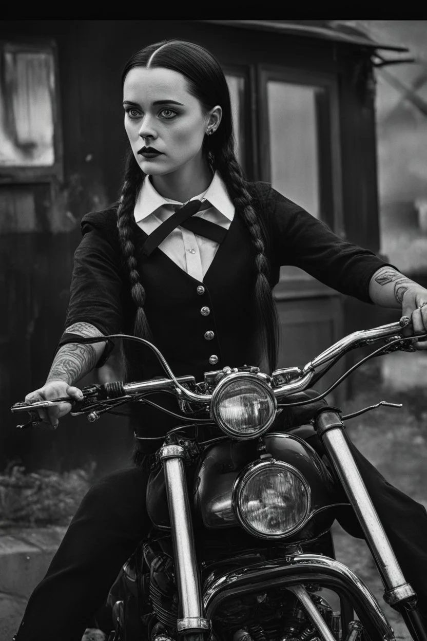 Wednesday Addams on a motorcycle