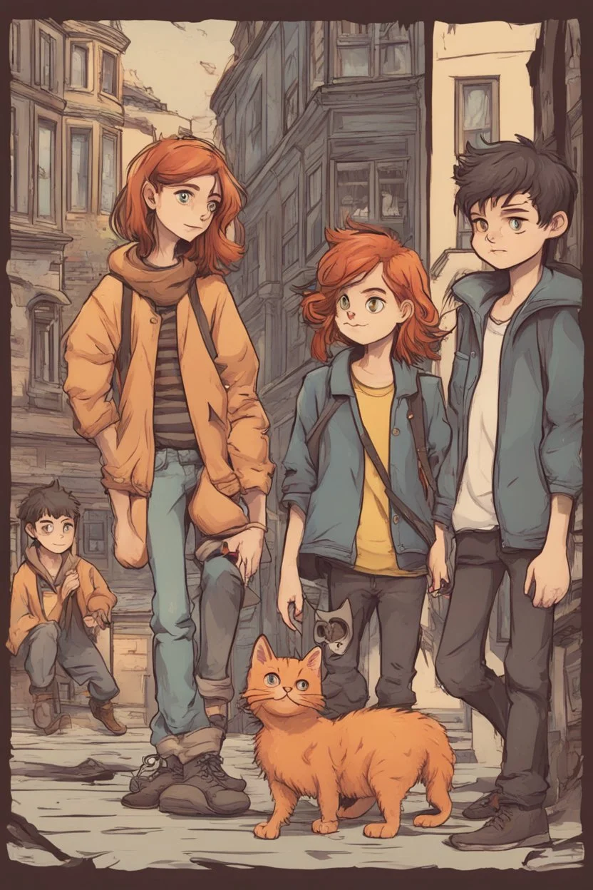 Act like a book cover designer. Use comic style. Grimmy black cat and a group of three teenagers (13-15 years old) - two brothers with ginger hair and frickles with a brown-haired girl. Environment: old town.