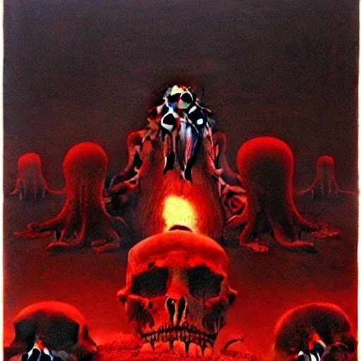 hell by beksinski, many skulls, red tones