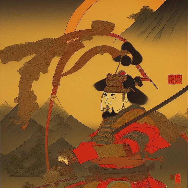 Samurai Japanese Ukiyo-e, sun in the background, walking in the mountains